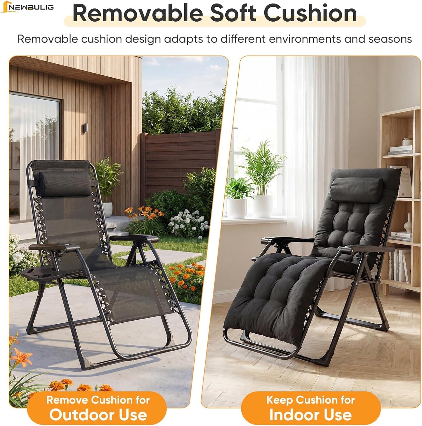 NEWBULIG Zero Gravity Recliner Chair with Cup Holder Tray & Removable Cushion – Black