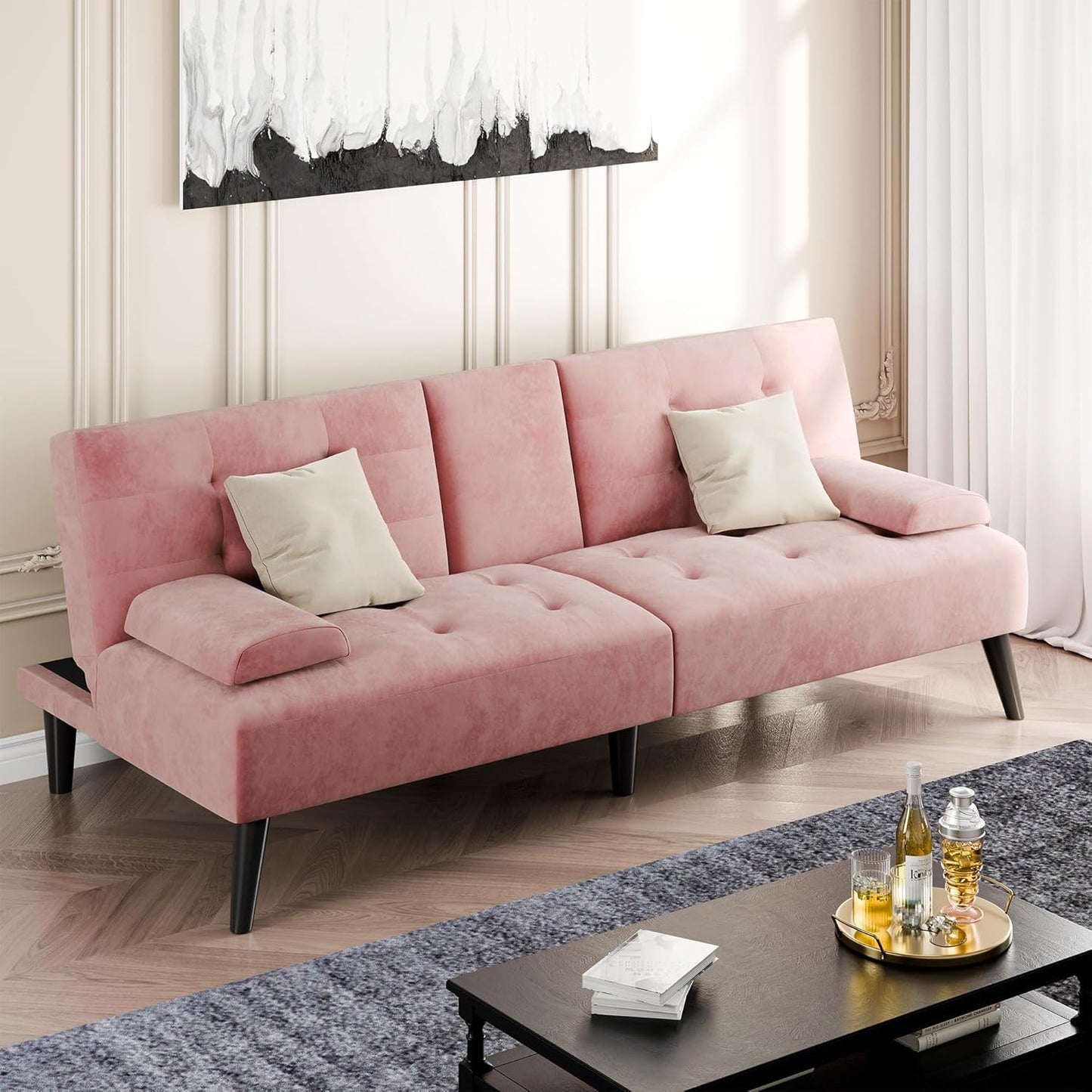 Shintenchi 64" Reclining Velvet Futon Sleeper with Armrests & Cup Holder (Pink)