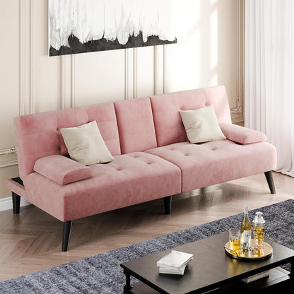 Shintenchi 64" Reclining Velvet Futon Sleeper with Armrests & Cup Holder (Pink)