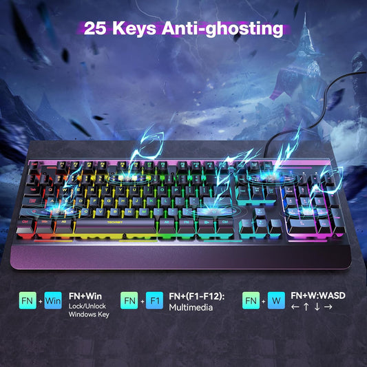 TECKNET Wired RGB Gaming Keyboard – Metal Panel, IP32 Water-Resistant, Anti-Ghosting