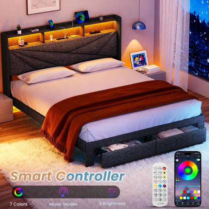 Queen Upholstered Bed Frame with Storage Drawers, USB Charging Station & LED Headboard