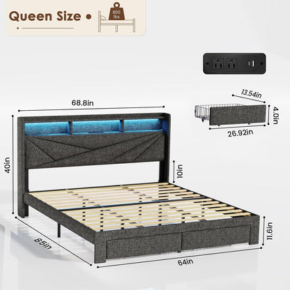 Queen Upholstered Bed Frame with Storage Drawers, USB Charging Station & LED Headboard