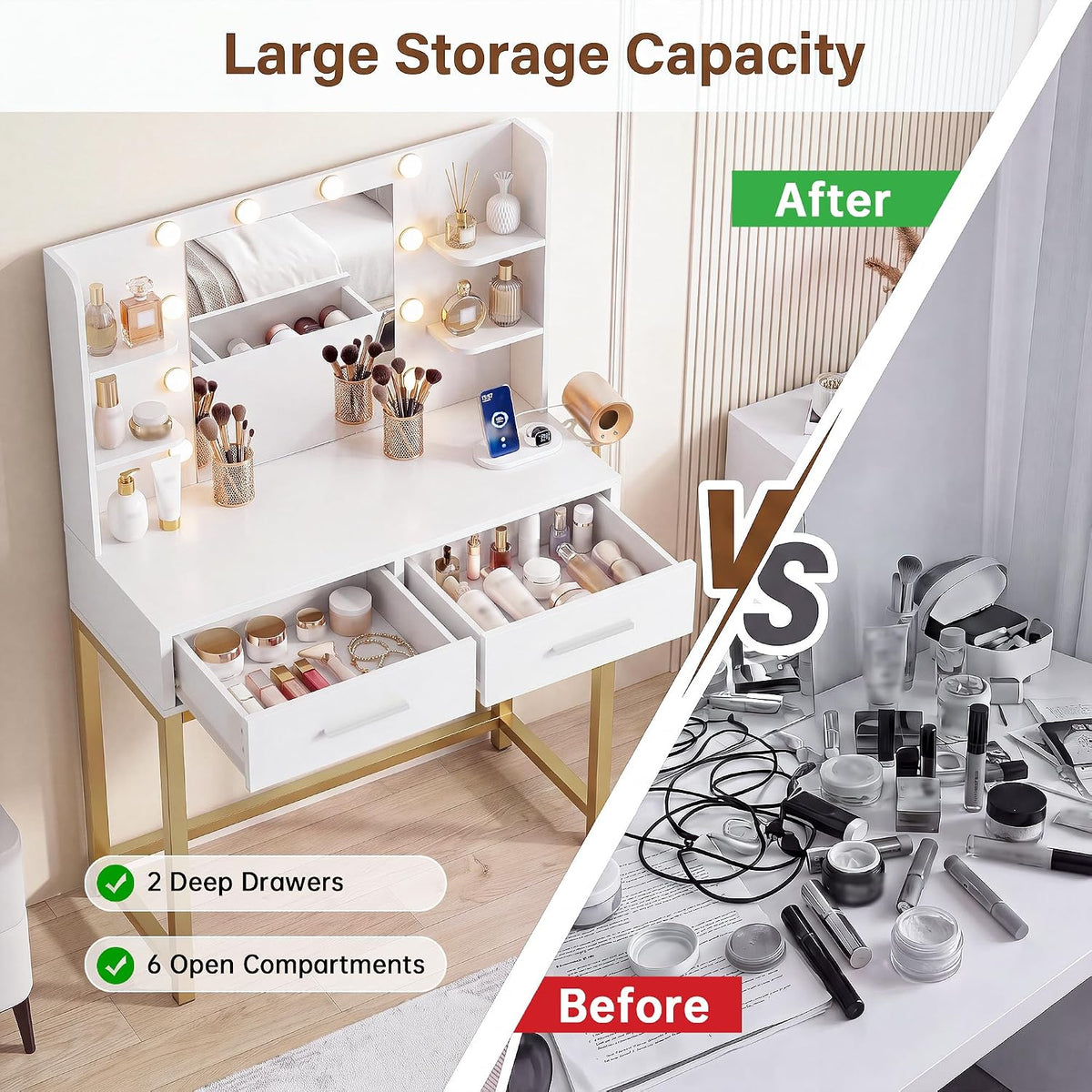 YESHOMY 31.5" Small Makeup Vanity Desk with 3-Color Dimmable Lighted Mirror – Built-in Charging Hub, 2 Drawers & 6 Storage Shelves (White, 200 lb Capacity)
