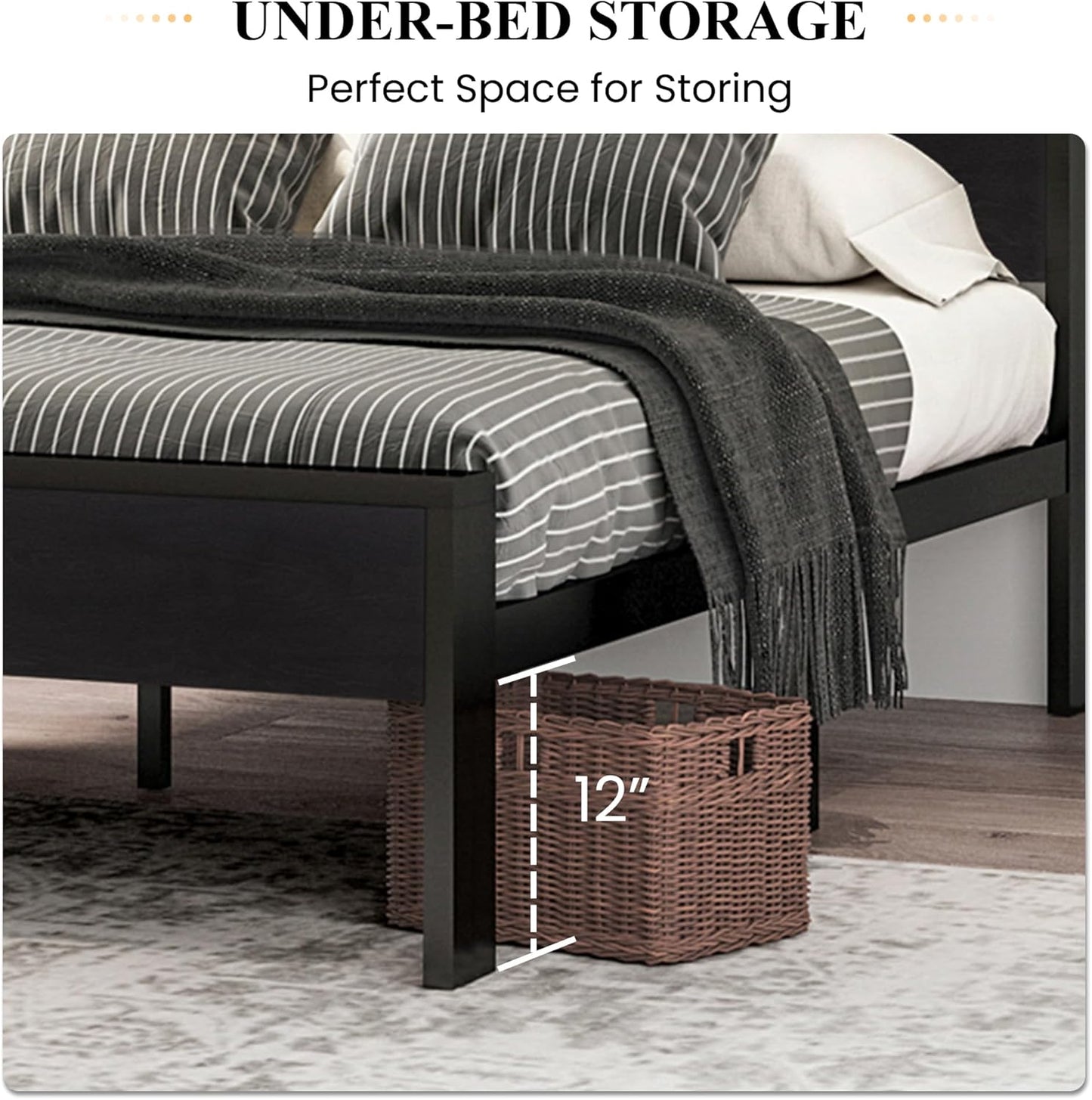 SHA CERLIN Full Size Metal Bed Frame with Wooden Headboard & Footboard – Black Oak, 12" Storage, Noise-Free