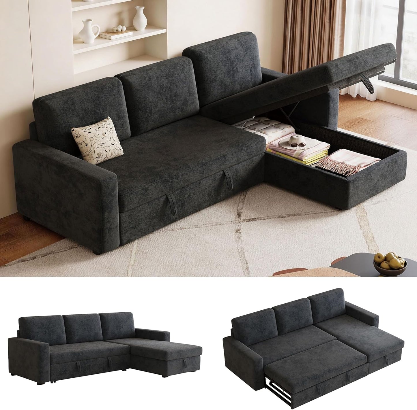 81" L-Shaped Convertible Sleeper Sofa: Pull-Out Bed & Hidden Storage Chaise (Dark Gray)
