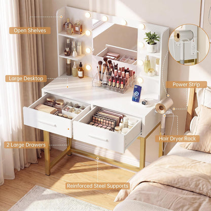 YESHOMY 31.5" Small Makeup Vanity Desk with 3-Color Dimmable Lighted Mirror – Built-in Charging Hub, 2 Drawers & 6 Storage Shelves (White, 200 lb Capacity)
