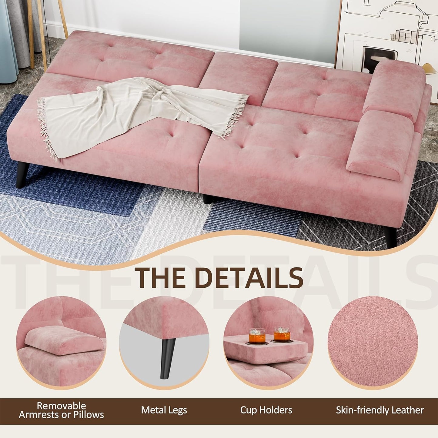Shintenchi 64" Reclining Velvet Futon Sleeper with Armrests & Cup Holder (Pink)