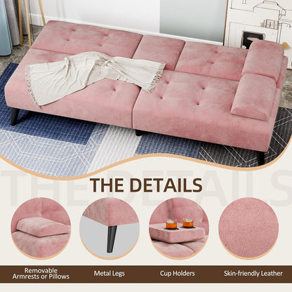 Shintenchi 64" Reclining Velvet Futon Sleeper with Armrests & Cup Holder (Pink)