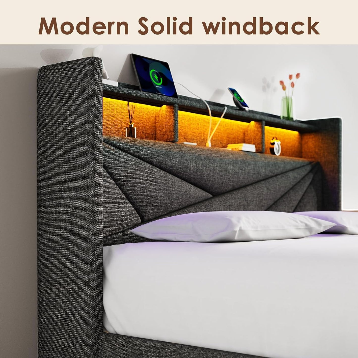 Queen Upholstered Bed Frame with Storage Drawers, USB Charging Station & LED Headboard