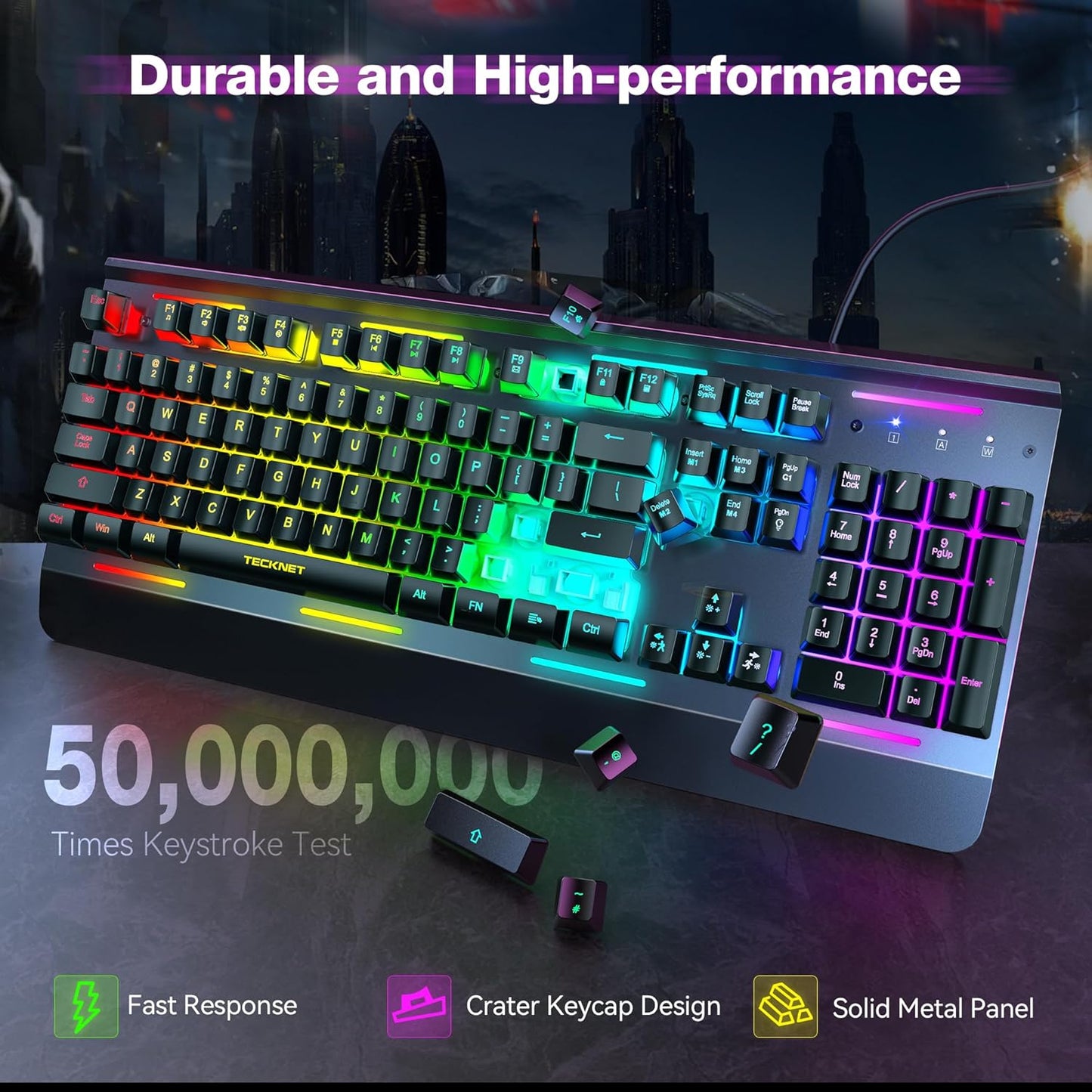 TECKNET Wired RGB Gaming Keyboard – Metal Panel, 15-Zone RGB, Anti-Ghosting