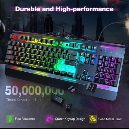 TECKNET Wired RGB Gaming Keyboard – Metal Panel, 15-Zone RGB, Anti-Ghosting