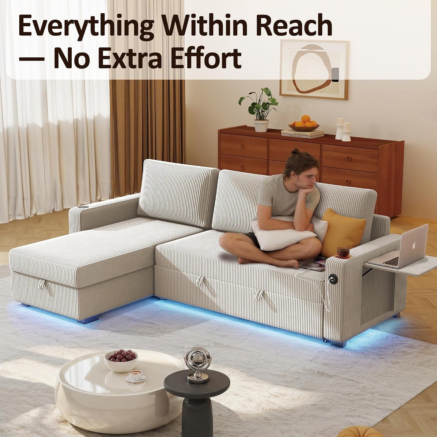Ball & Cast 80" Sleeper Sectional Couch with Storage Chaise, Foldable Table & Integrated LED Lights