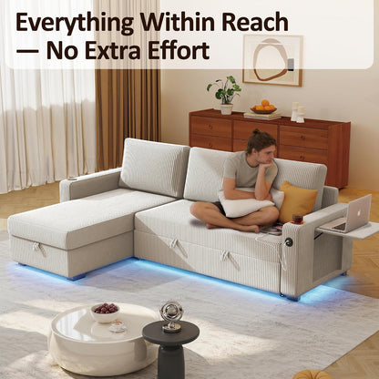 Ball & Cast 80" Sleeper Sectional Couch with Storage Chaise, Foldable Table & Integrated LED Lights