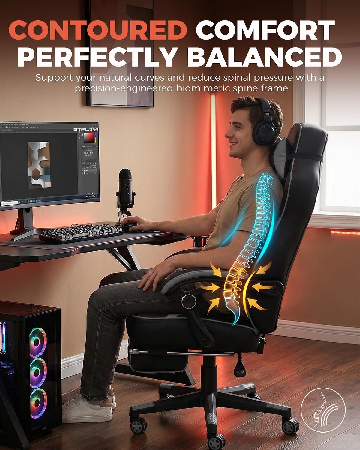 GTPLAYER Big & Tall Gaming Chair with High Back, Lumbar Support, 350 lbs, Sky Gray