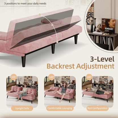 Shintenchi 64" Reclining Velvet Futon Sleeper with Armrests & Cup Holder (Pink)