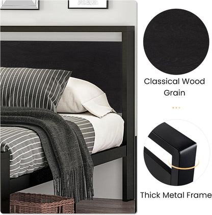 SHA CERLIN Full Size Metal Bed Frame with Wooden Headboard & Footboard – Black Oak, 12" Storage, Noise-Free