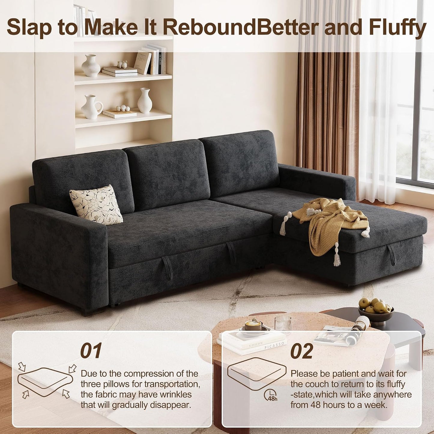 81" L-Shaped Convertible Sleeper Sofa: Pull-Out Bed & Hidden Storage Chaise (Dark Gray)