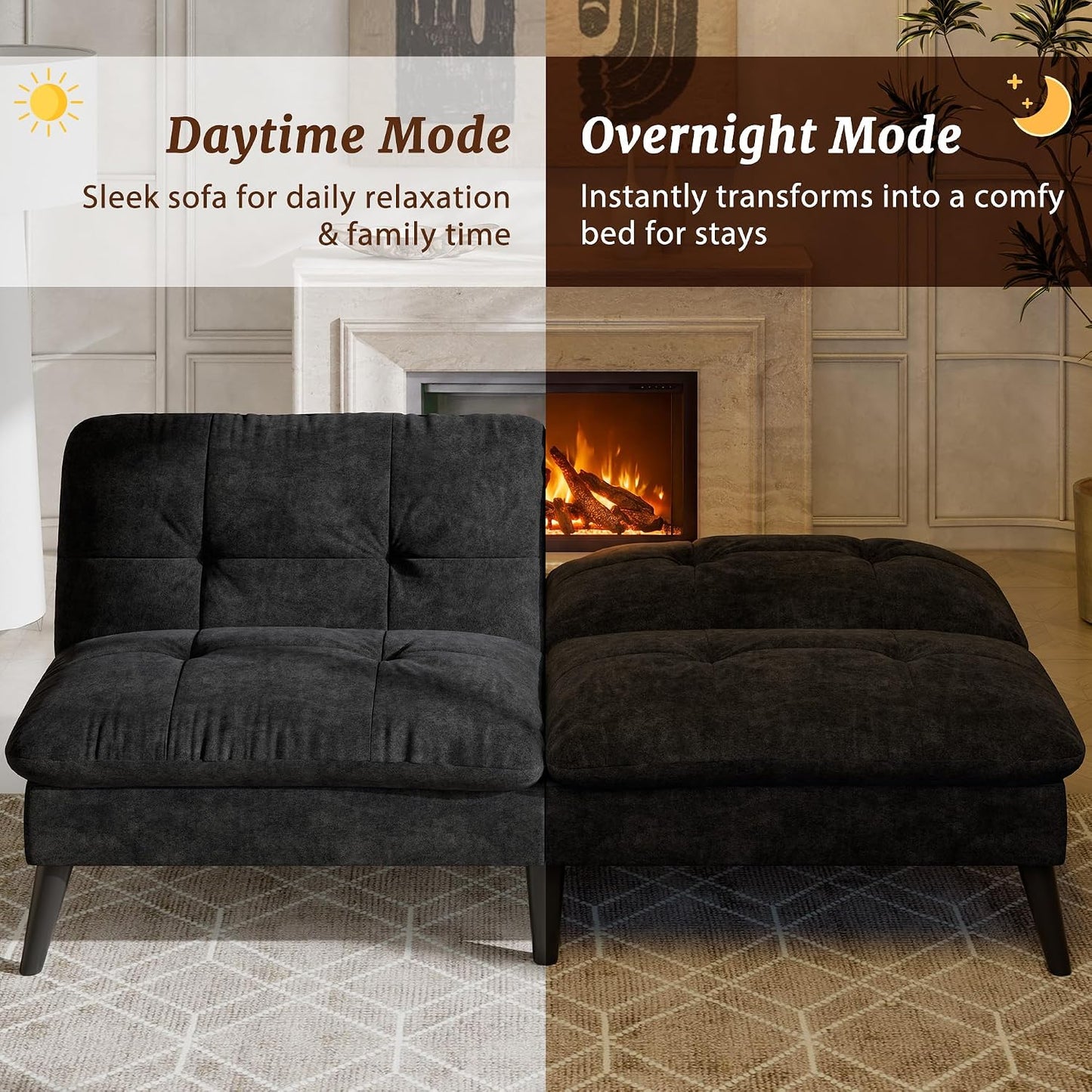 Shintenchi Velvet Futon Sofa Bed – Foldable 2-in-1 Sleeper Couch (Black)