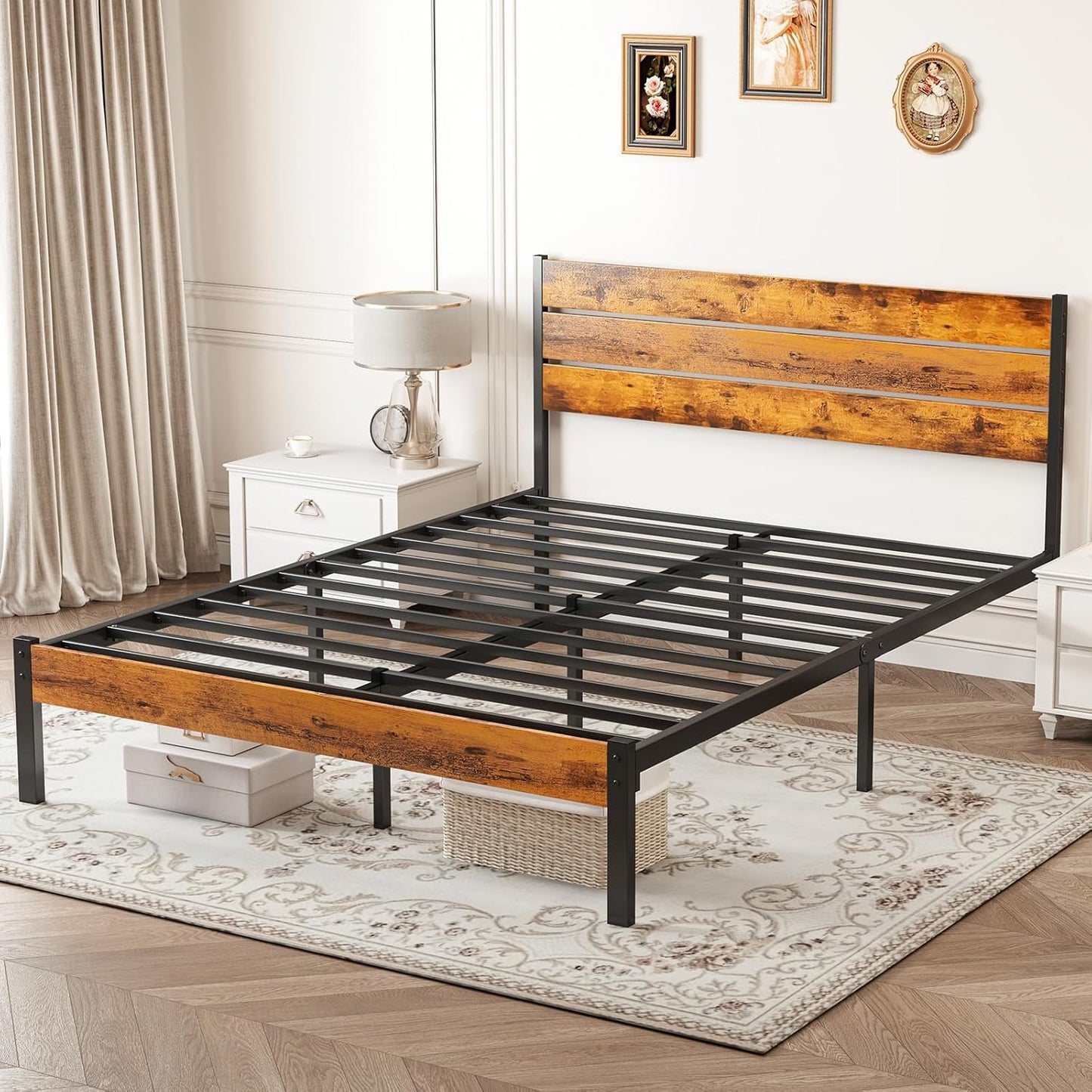 OLIXIS Full Size Bed Frame with Rustic Headboard – Metal Mattress Foundation, Under-Bed Storage, Rust Brown
