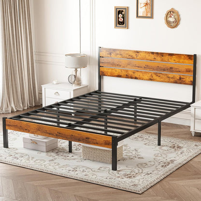 OLIXIS Full Size Bed Frame with Rustic Headboard – Metal Mattress Foundation, Under-Bed Storage, Rust Brown