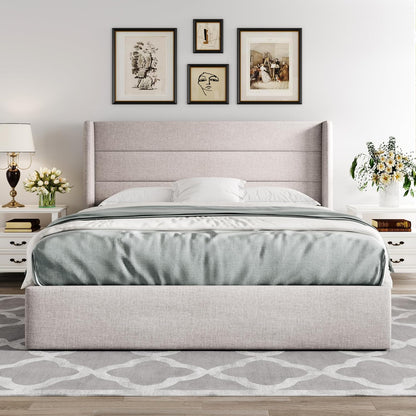 Allewie Queen Hydraulic Lift-Up Storage Bed Frame – Upholstered Wingback Headboard, Light Beige