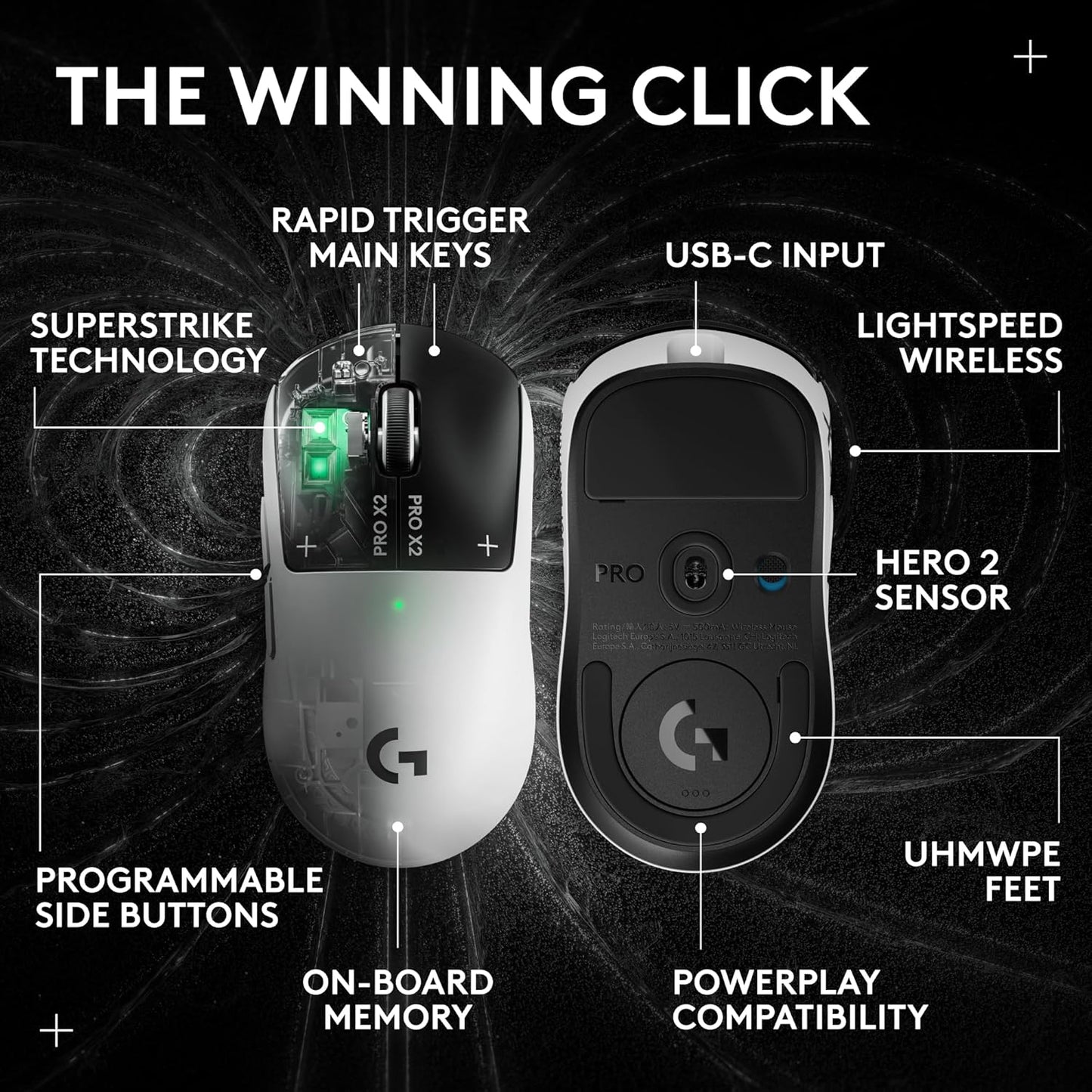 Logitech G PRO X2 SUPERSTRIKE Wireless Gaming Mouse, 61g, Black/White