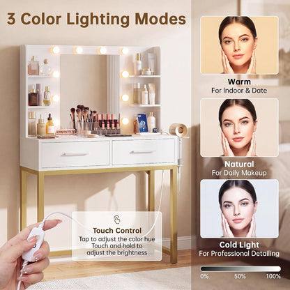 YESHOMY 31.5" Small Makeup Vanity Desk with 3-Color Dimmable Lighted Mirror – Built-in Charging Hub, 2 Drawers & 6 Storage Shelves (White, 200 lb Capacity)