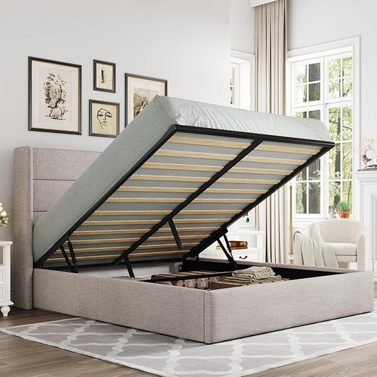 Allewie Queen Hydraulic Lift-Up Storage Bed Frame – Upholstered Wingback Headboard, Light Beige