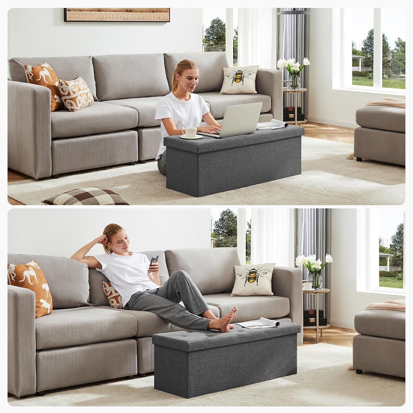 DUMOS 43" Folding Storage Ottoman Bench – Heavy Duty 660 lbs Capacity, Extra Thick Padded Seat | Large Storage Chest & Footrest for Bedroom, Living Room & Entryway (Grey)