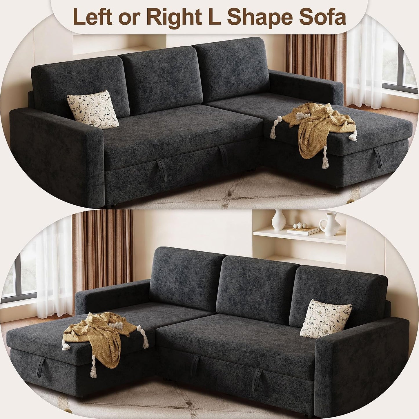 81" L-Shaped Convertible Sleeper Sofa: Pull-Out Bed & Hidden Storage Chaise (Dark Gray)
