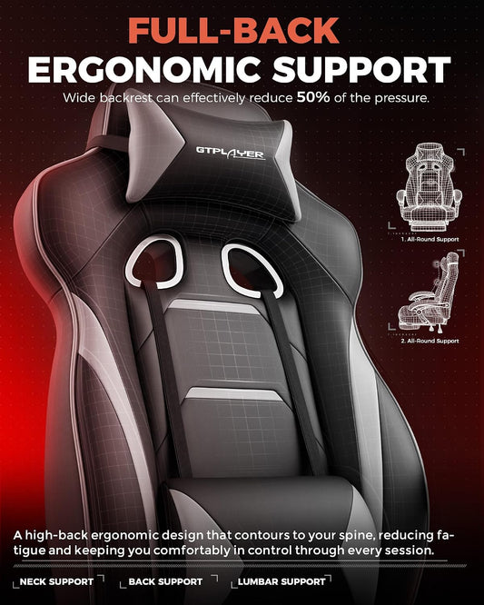 GTPLAYER Big & Tall Gaming Chair with High Back, Lumbar Support, 350 lbs, Sky Gray