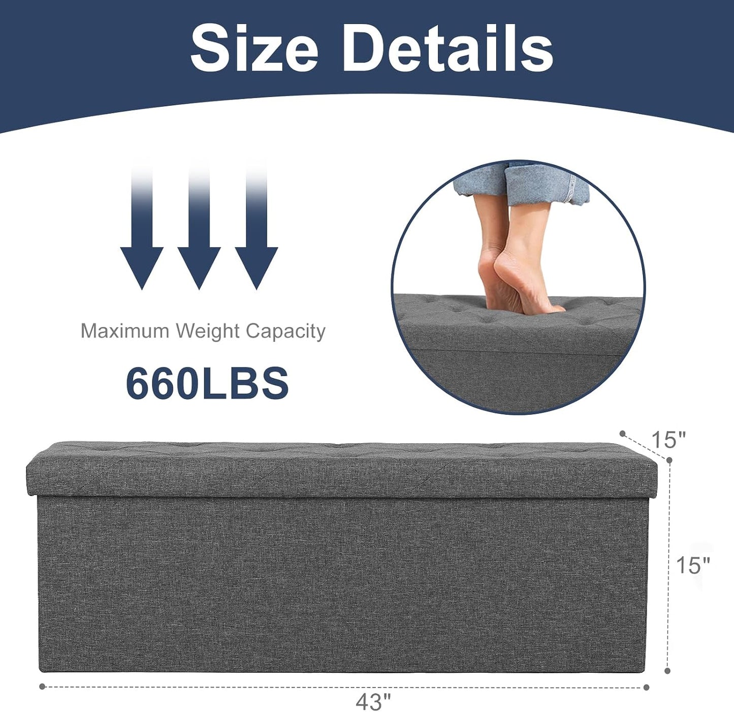 DUMOS 43" Folding Storage Ottoman Bench – Heavy Duty 660 lbs Capacity, Extra Thick Padded Seat | Large Storage Chest & Footrest for Bedroom, Living Room & Entryway (Grey)