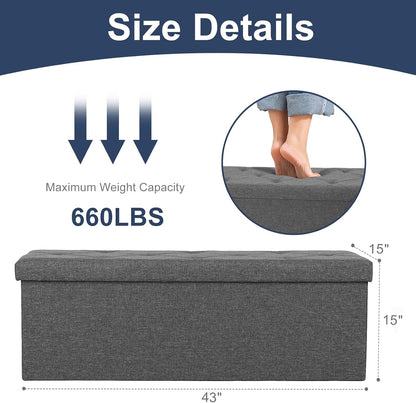 DUMOS 43" Folding Storage Ottoman Bench – Heavy Duty 660 lbs Capacity, Extra Thick Padded Seat | Large Storage Chest & Footrest for Bedroom, Living Room & Entryway (Grey)