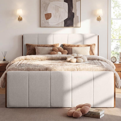 Christopher Knight Home Jayne Queen Wood Platform Bed – Upholstered Headboard & Footboard, Gray/Walnut