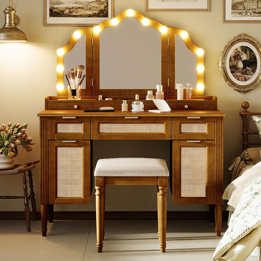 GDFStudio 44" Makeup Vanity Set with Tri-Fold Lighted Mirror & Stool – Natural Finish