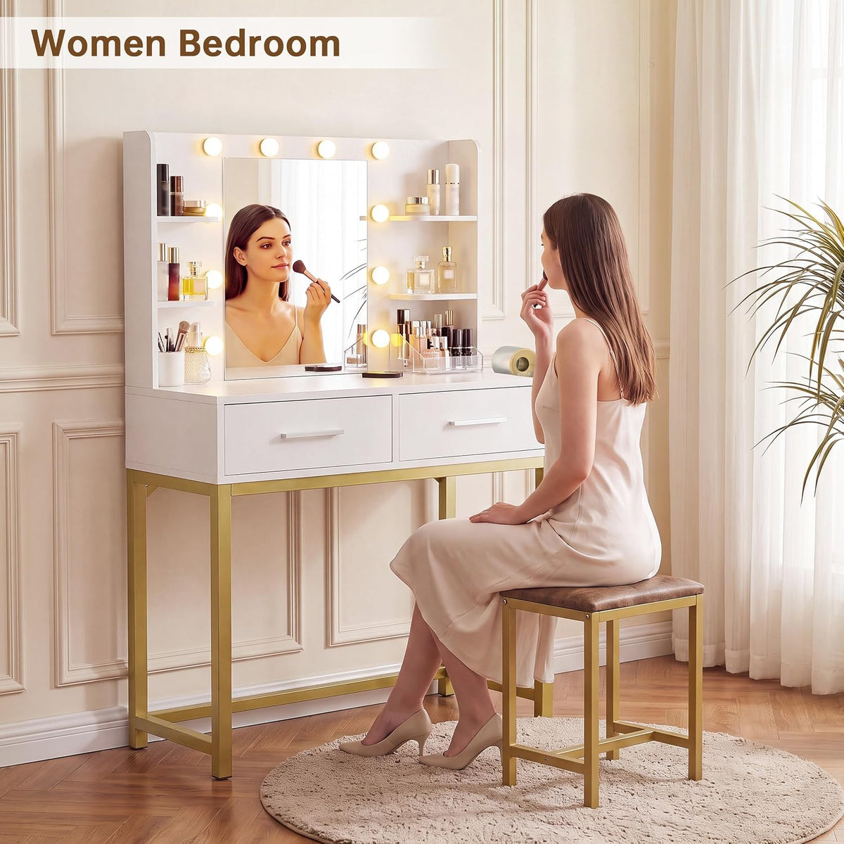 YESHOMY 31.5" Small Makeup Vanity Desk with 3-Color Dimmable Lighted Mirror – Built-in Charging Hub, 2 Drawers & 6 Storage Shelves (White, 200 lb Capacity)