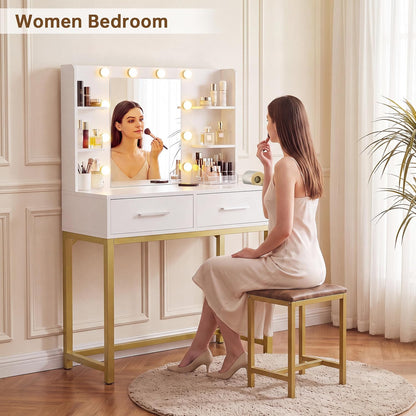 YESHOMY 31.5" Small Makeup Vanity Desk with 3-Color Dimmable Lighted Mirror – Built-in Charging Hub, 2 Drawers & 6 Storage Shelves (White, 200 lb Capacity)