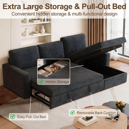 81" L-Shaped Convertible Sleeper Sofa: Pull-Out Bed & Hidden Storage Chaise (Dark Gray)