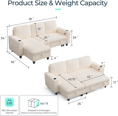 LINSY HOME 81" L-Shape Sleeper Sectional Sofa Bed with Storage Chaise (Beige)