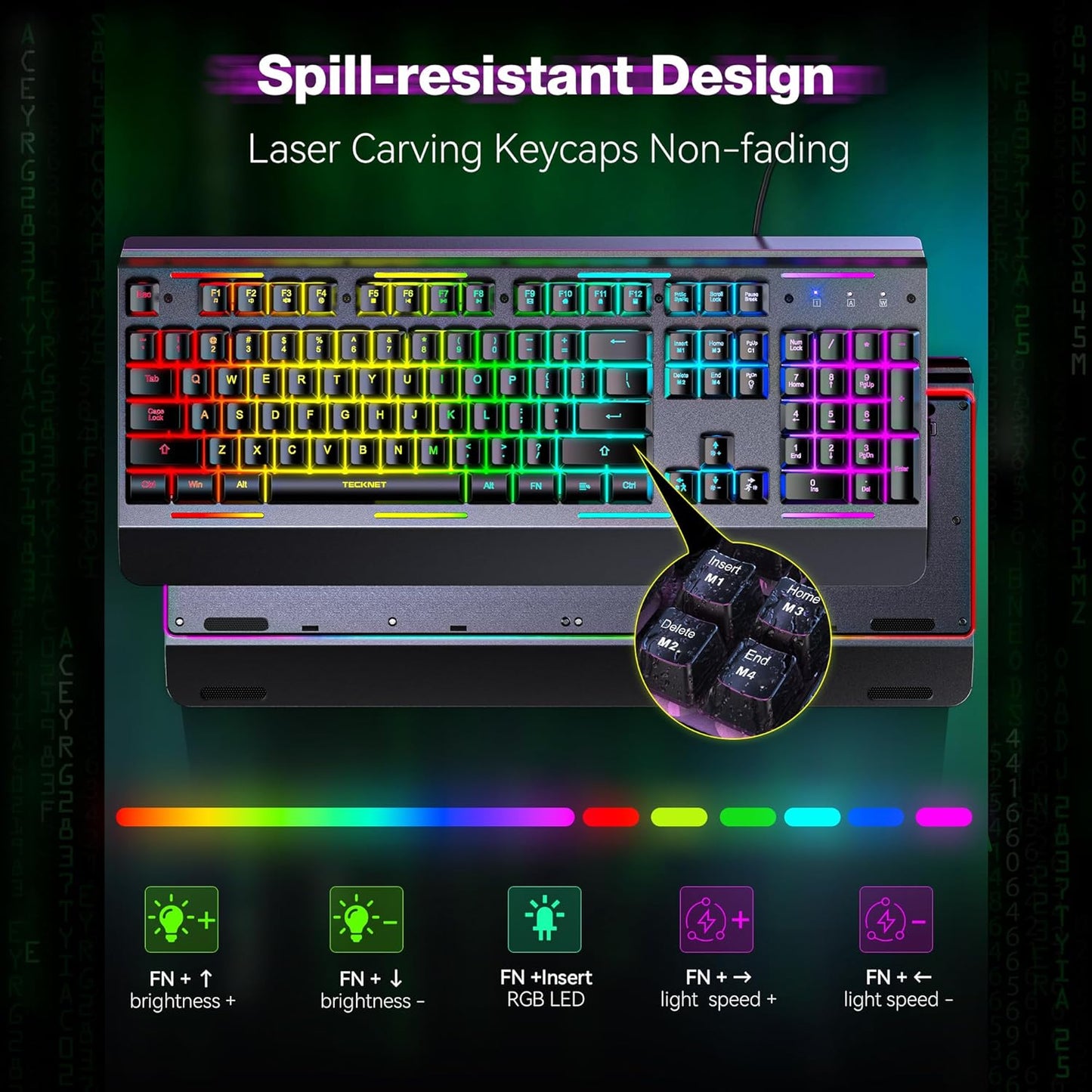 TECKNET Wired RGB Gaming Keyboard – Metal Panel, 15-Zone RGB, Anti-Ghosting