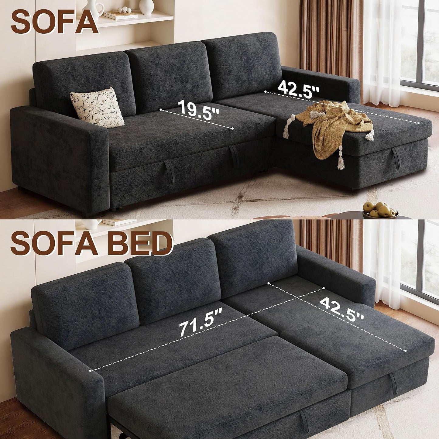 81" L-Shaped Convertible Sleeper Sofa: Pull-Out Bed & Hidden Storage Chaise (Dark Gray)