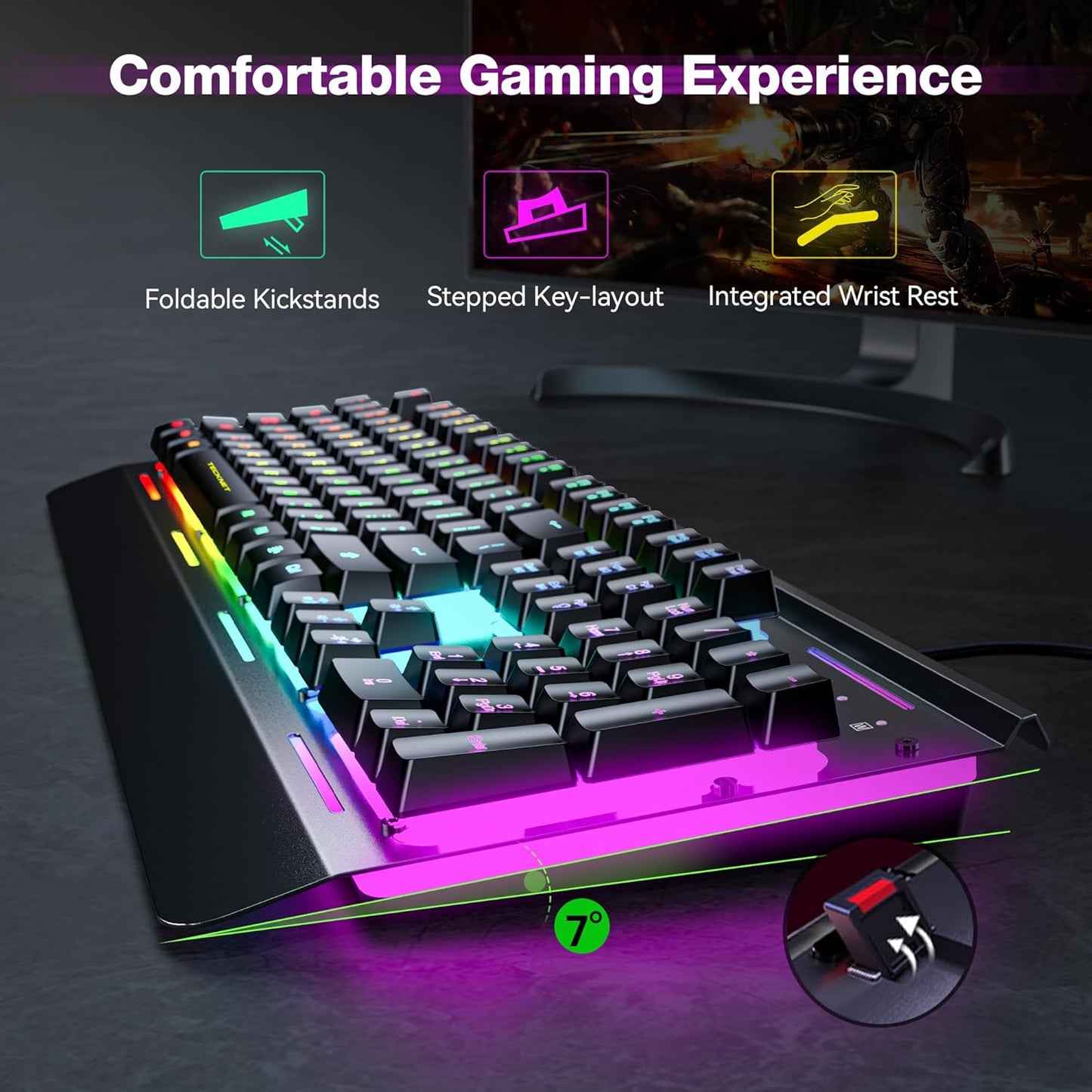 TECKNET Wired RGB Gaming Keyboard – Metal Panel, IP32 Water-Resistant, Anti-Ghosting