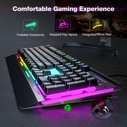 TECKNET Wired RGB Gaming Keyboard – Metal Panel, IP32 Water-Resistant, Anti-Ghosting