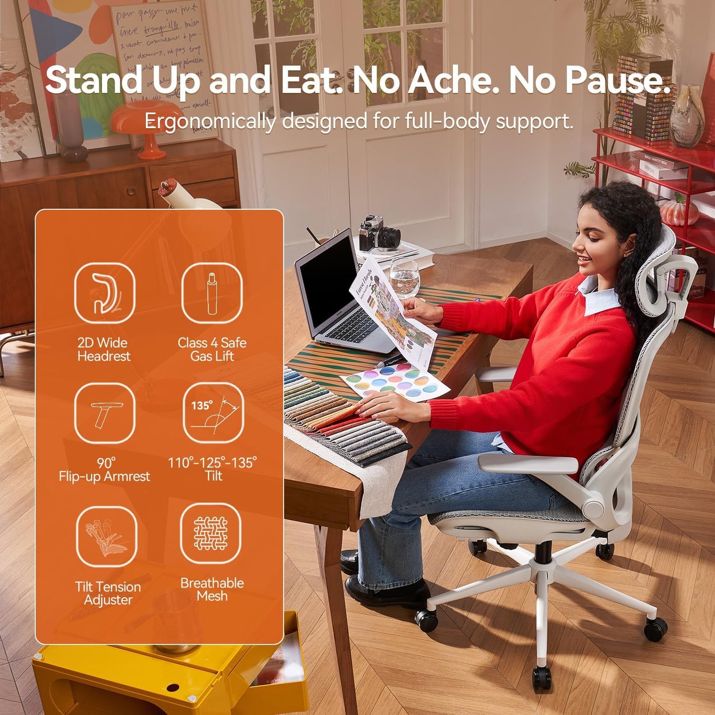 SIHOO B100 Ergonomic Office Chair with Adaptive Lumbar Support & Wide Headrest, Grey
