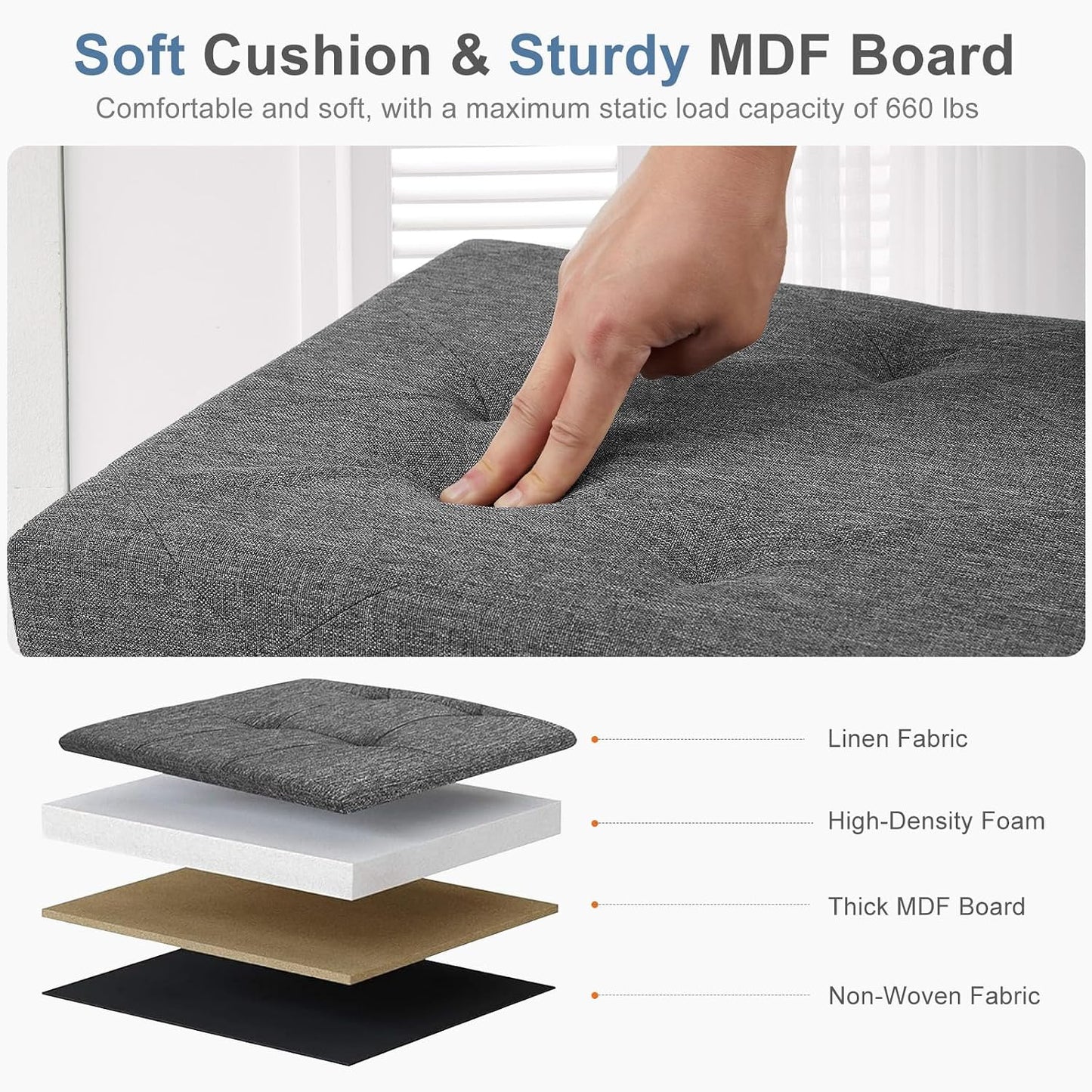 DUMOS 43" Folding Storage Ottoman Bench – Heavy Duty 660 lbs Capacity, Extra Thick Padded Seat | Large Storage Chest & Footrest for Bedroom, Living Room & Entryway (Grey)