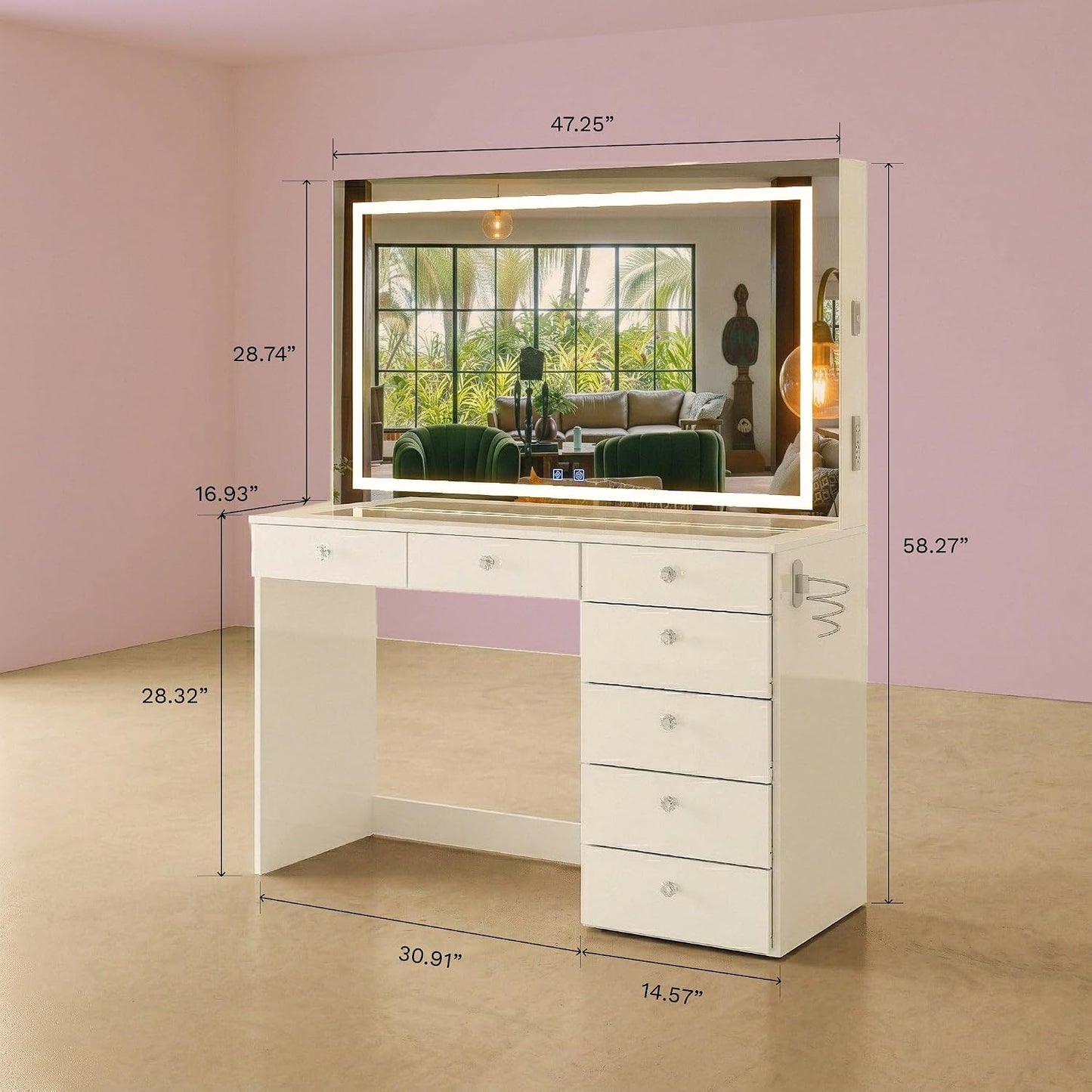 Boahaus Luna Large Makeup Vanity Desk with LED Lighted Mirror – 7 Storage Drawers & Built-in Power Outlets, White Dressing Table