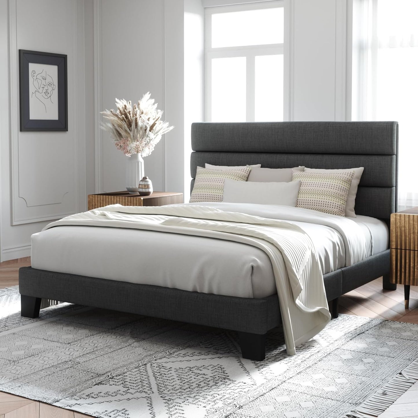 Allewie Modern Dark Grey Queen Upholstered Bed Frame with Wooden Slat Support