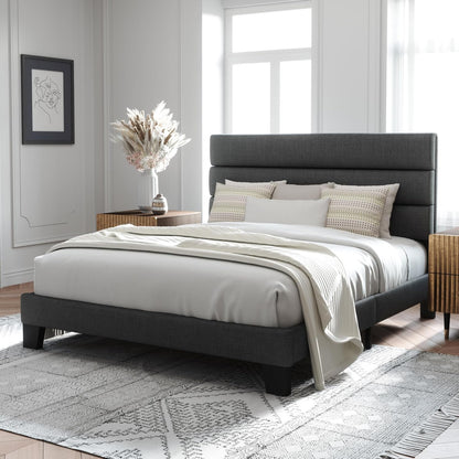 Allewie Modern Dark Grey Queen Upholstered Bed Frame with Wooden Slat Support