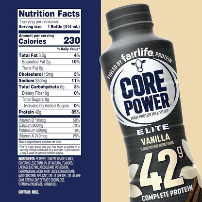 Core Power Elite High Protein Shake, Vanilla, 42g Bottle, 14oz, 12 Pack