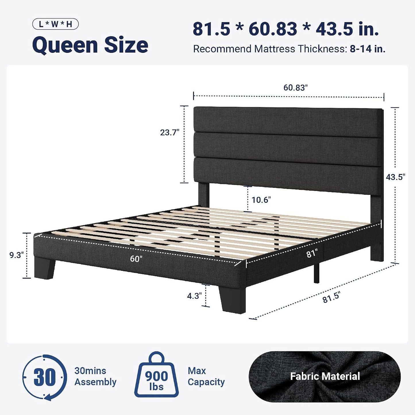 Allewie Modern Dark Grey Queen Upholstered Bed Frame with Wooden Slat Support